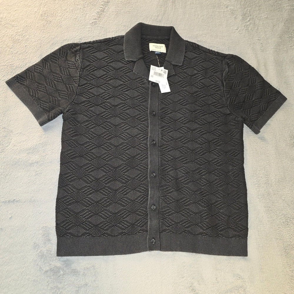 American Eagle Mens Diamond Textured Sweater Polo Shirt Charcoal Grey Medium NWT